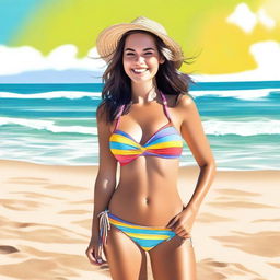 A girl wearing a tight bikini, enjoying a sunny day at the beach