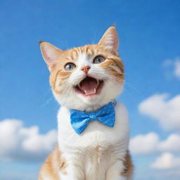 A cute chibi-style cat with braces against a backdrop of a bright blue sky