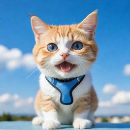 A cute chibi-style cat with braces against a backdrop of a bright blue sky