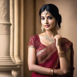 A beautiful Indian woman with a seductive pose, wearing traditional yet stylish attire, set against a softly lit, elegant background