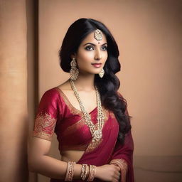 A beautiful Indian woman with a seductive pose, wearing traditional yet stylish attire, set against a softly lit, elegant background