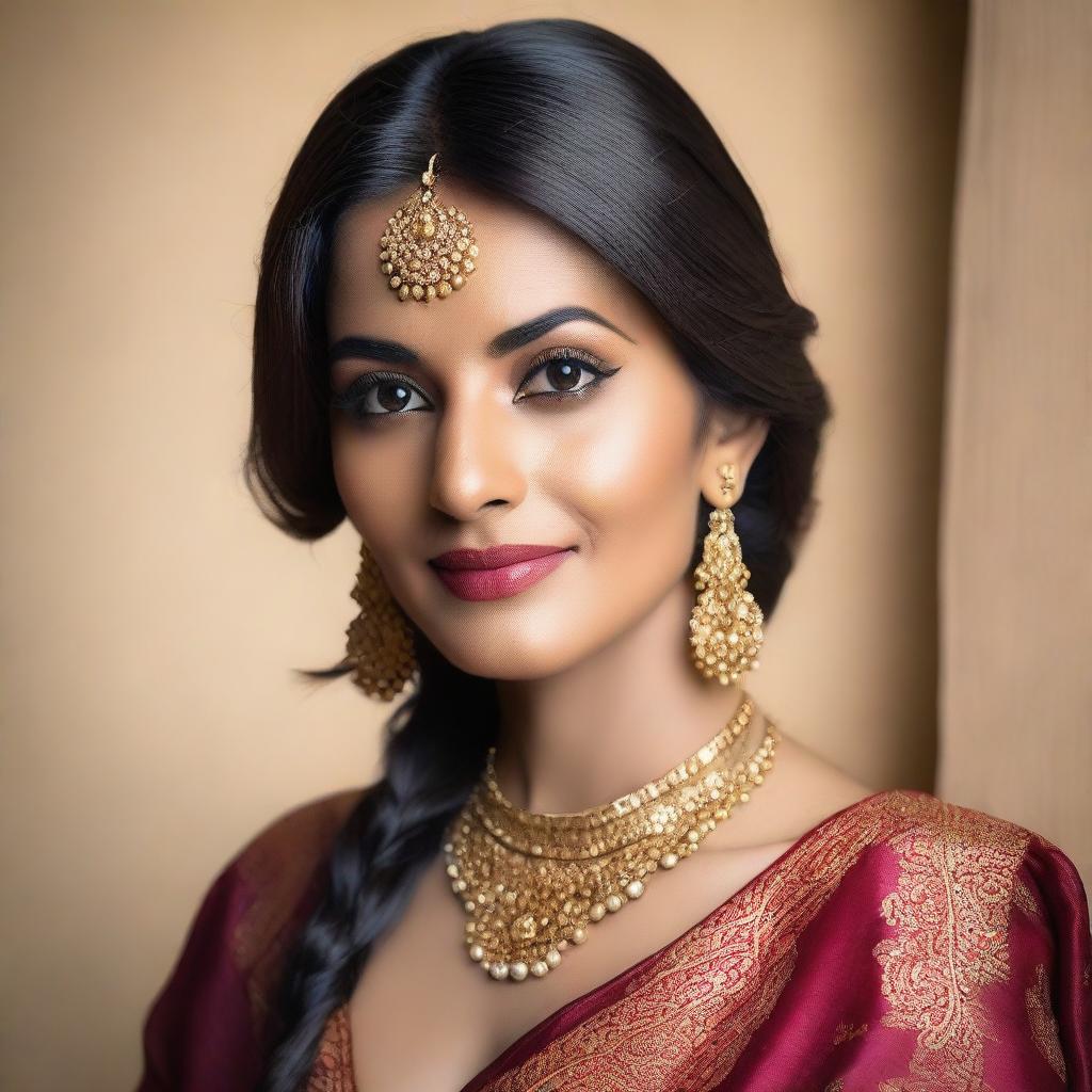 A beautiful Indian woman with a seductive pose, wearing traditional yet stylish attire, set against a softly lit, elegant background