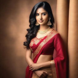 A beautiful Indian woman with a seductive pose, wearing traditional yet stylish attire, set against a softly lit, elegant background