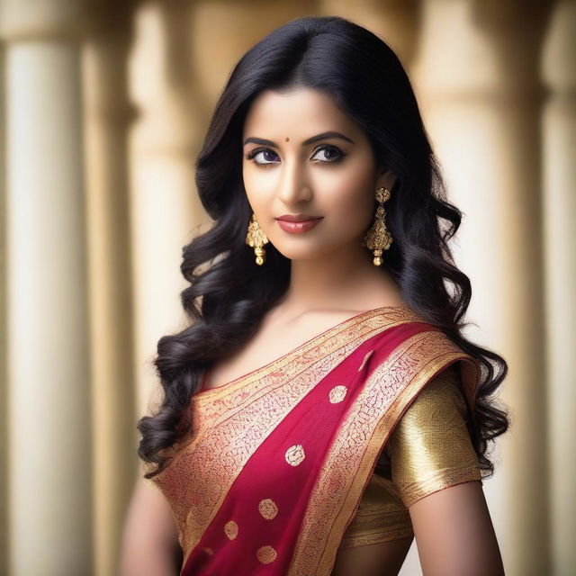 A beautiful Indian woman with a seductive pose, wearing a traditional yet stylish saree, set against a softly lit, elegant background