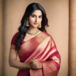 A beautiful Indian woman with a seductive pose, wearing a traditional yet stylish saree, set against a softly lit, elegant background