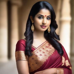 A beautiful Indian woman with a seductive pose, wearing a traditional yet stylish saree, set against a softly lit, elegant background