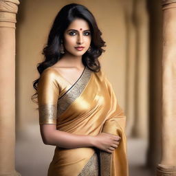 A beautiful Indian woman with a seductive pose, wearing a traditional yet stylish saree, set against a softly lit, elegant background