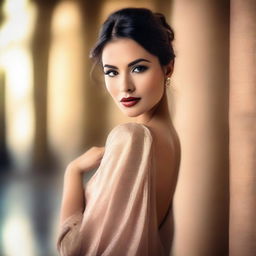 A beautiful woman with a seductive pose, wearing stylish and elegant attire, set against a softly lit, sophisticated background