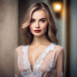 A beautiful Russian woman with a seductive pose, wearing stylish and elegant attire, set against a softly lit, sophisticated background