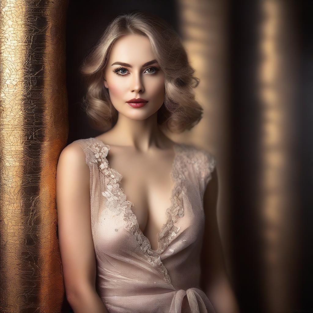 A beautiful Russian woman with a seductive pose, wearing stylish and elegant attire, set against a softly lit, sophisticated background