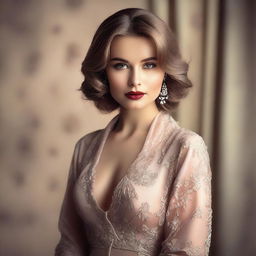 A beautiful Russian woman with a seductive pose, wearing stylish and elegant attire, set against a softly lit, sophisticated background