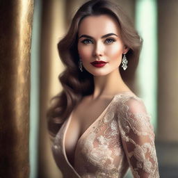 A beautiful Russian woman with a seductive pose, wearing stylish and elegant attire, set against a softly lit, sophisticated background