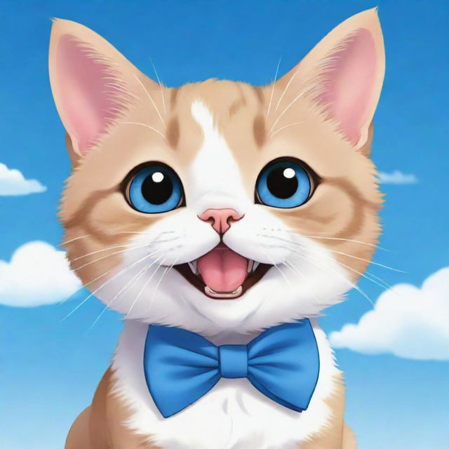 A cute chibi-style cat with braces against a backdrop of a bright blue sky