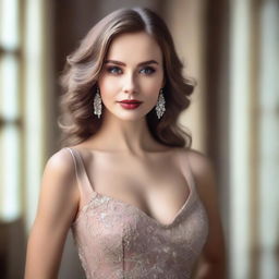 A beautiful and alluring Russian woman with a seductive pose, wearing a stylish and elegant dress, set against a softly lit, sophisticated background