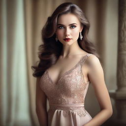 A beautiful and alluring Russian woman with a seductive pose, wearing a stylish and elegant dress, set against a softly lit, sophisticated background