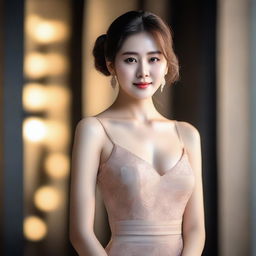 A beautiful and alluring Korean woman with a seductive pose, wearing a stylish and elegant dress, set against a softly lit, sophisticated background