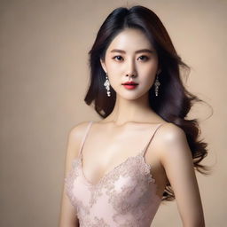 A beautiful and alluring Korean woman with a seductive pose, wearing a stylish and elegant dress, set against a softly lit, sophisticated background