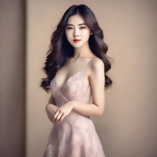 A beautiful and alluring Korean woman with a seductive pose, wearing a stylish and elegant dress, set against a softly lit, sophisticated background