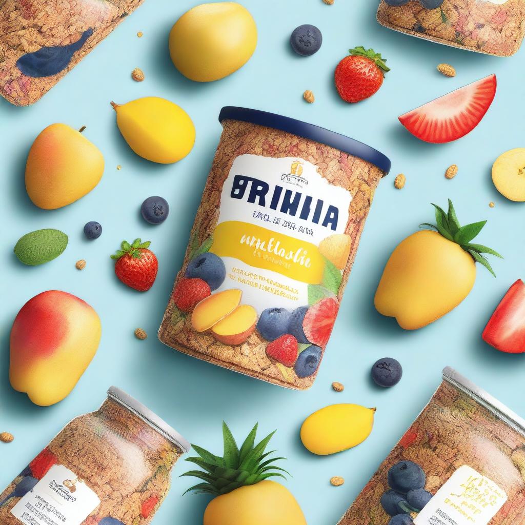 A vibrant and appealing label design for granola made from rolled oats, almonds, cashew nuts, mango, papaya, pineapple, strawberries, and blueberries