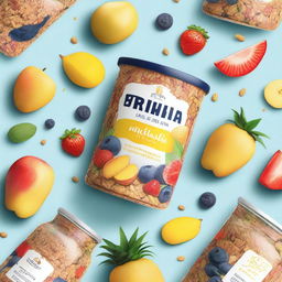 A vibrant and appealing label design for granola made from rolled oats, almonds, cashew nuts, mango, papaya, pineapple, strawberries, and blueberries