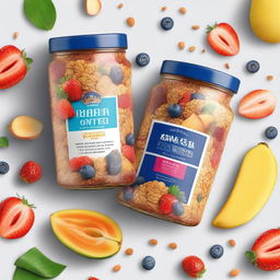 A vibrant and appealing label design for granola made from rolled oats, almonds, cashew nuts, mango, papaya, pineapple, strawberries, and blueberries