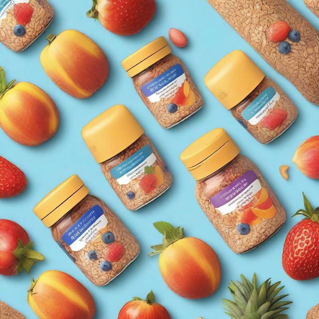 A vibrant and appealing label design for granola made from rolled oats, almonds, cashew nuts, mango, papaya, pineapple, strawberries, and blueberries