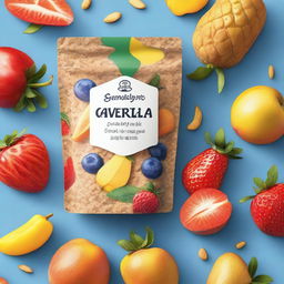 A vibrant and appealing label design for granola made from rolled oats, almonds, cashew nuts, mango, papaya, pineapple, strawberries, and blueberries