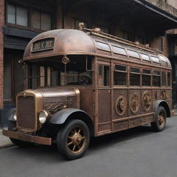 A bus designed in a steampunk style, featuring aged-iron aesthetics, brass and copper embellishments, steam-driven mechanisms, and gears and gauges galore.