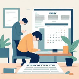 Create an image depicting a somber scene where employees are working in an office, looking tired and dejected