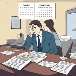 Create an image depicting a somber scene where employees are working in an office, looking tired and dejected