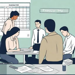 Create an image depicting a somber scene where employees are working in an office, looking tired and dejected