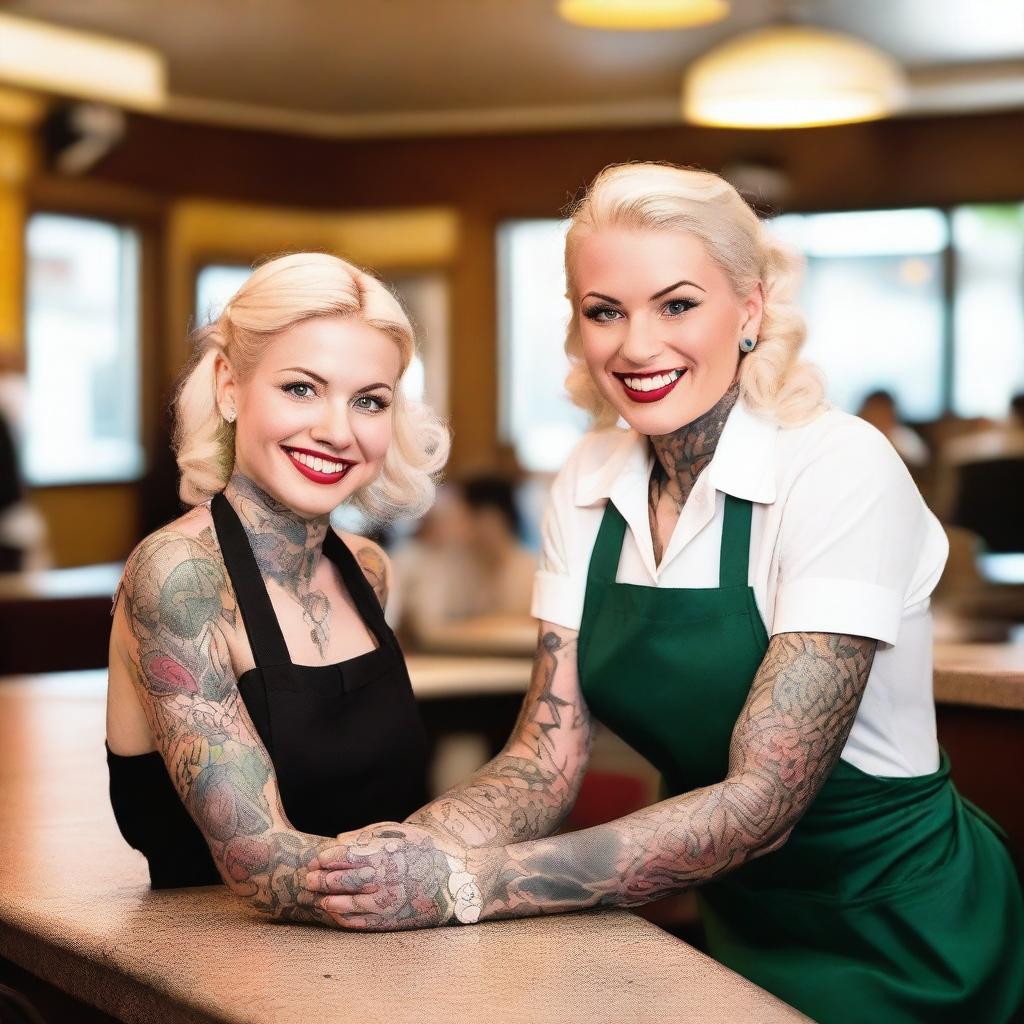 A blonde waitress with a friendly smile is serving a man with tattoos in a cozy diner