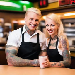 A blonde waitress with a friendly smile is serving a man with tattoos in a cozy diner