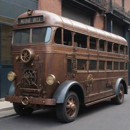 A bus designed in a steampunk style, featuring aged-iron aesthetics, brass and copper embellishments, steam-driven mechanisms, and gears and gauges galore.