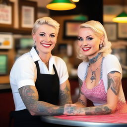 A blonde waitress with a friendly smile is serving a man with tattoos in a cozy diner