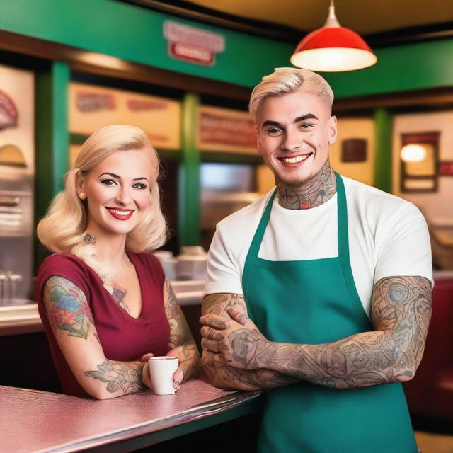 A blonde waitress with a friendly smile is serving a man with tattoos in a cozy diner