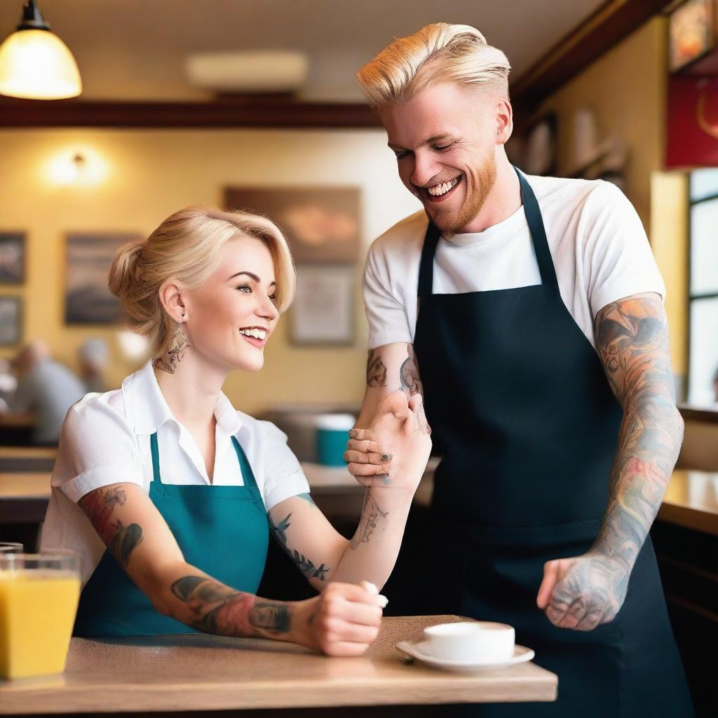 A blonde-haired waitress with no tattoos is serving a man who has colorful tattoos on his arms