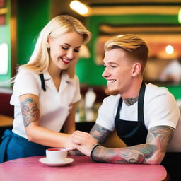 A blonde-haired waitress with no tattoos is serving a man who has colorful tattoos on his arms