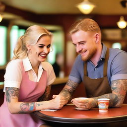 A blonde-haired waitress with no tattoos is serving a man who has colorful tattoos on his arms