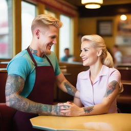 A blonde-haired waitress with no tattoos is serving a man who has colorful tattoos on his arms