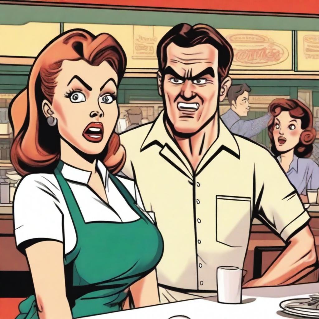 An angry waitress with a stern expression is serving a man in a bustling diner