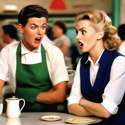 An angry waitress with a stern expression is serving a man in a bustling diner