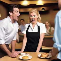 An angry waitress with a stern expression is serving a man in a bustling diner