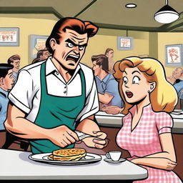 An angry waitress with a stern expression is serving a man in a bustling diner