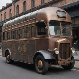 A bus designed in a steampunk style, featuring aged-iron aesthetics, brass and copper embellishments, steam-driven mechanisms, and gears and gauges galore.