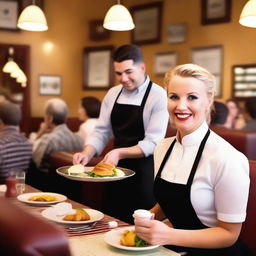 A waitress is serving a man in a cozy diner