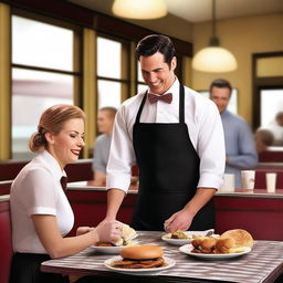 A waitress is serving a man in a cozy diner