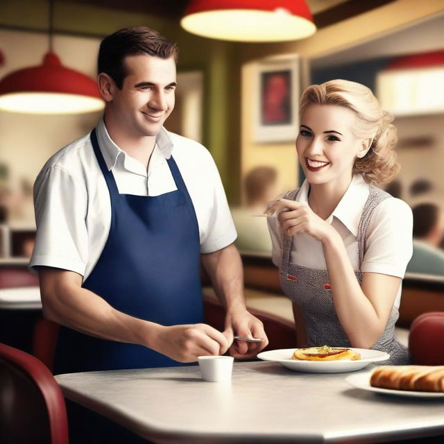 A waitress is serving a man in a cozy diner