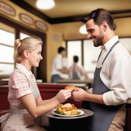 A waitress is serving a man in a cozy diner