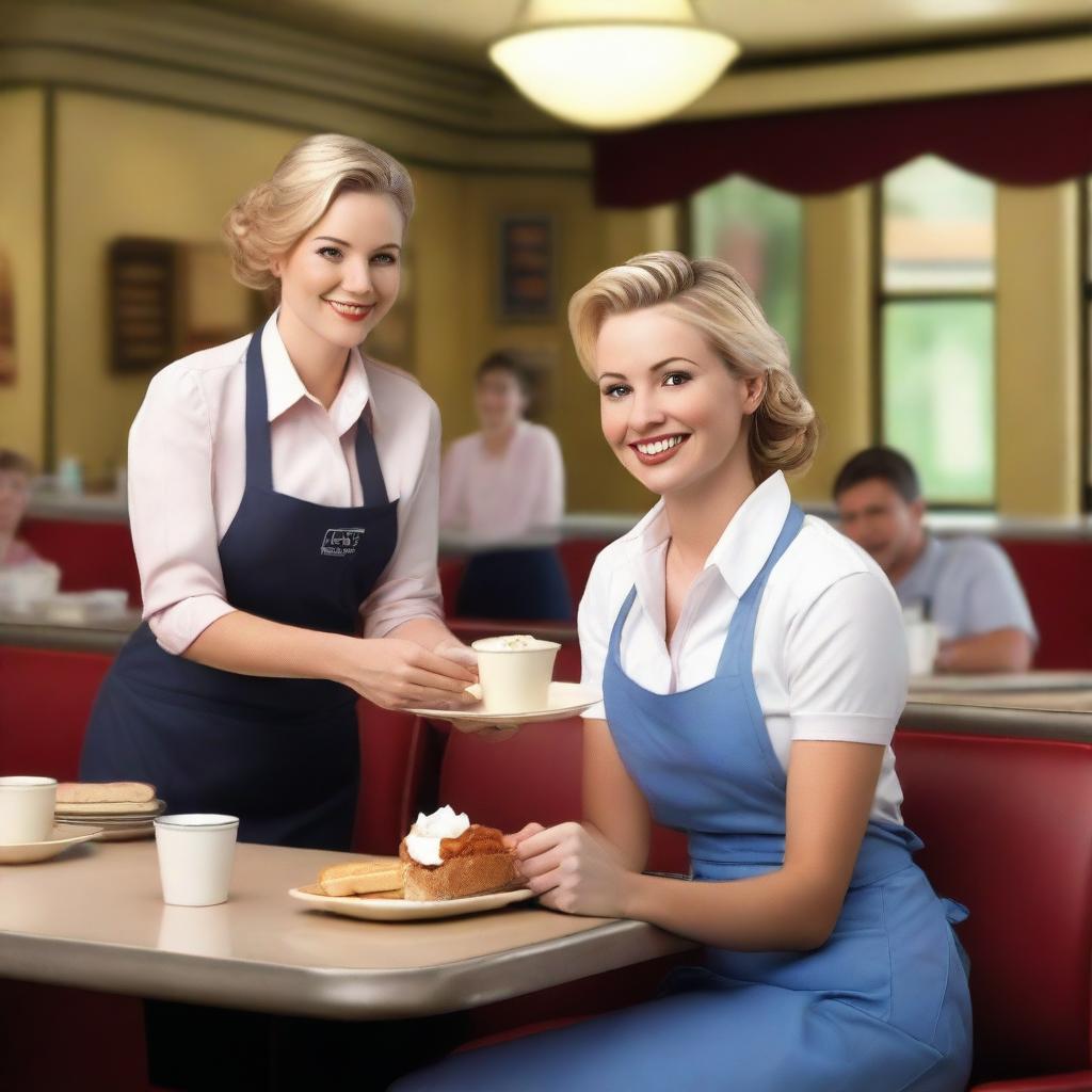 A waitress is serving a customer in a cozy diner